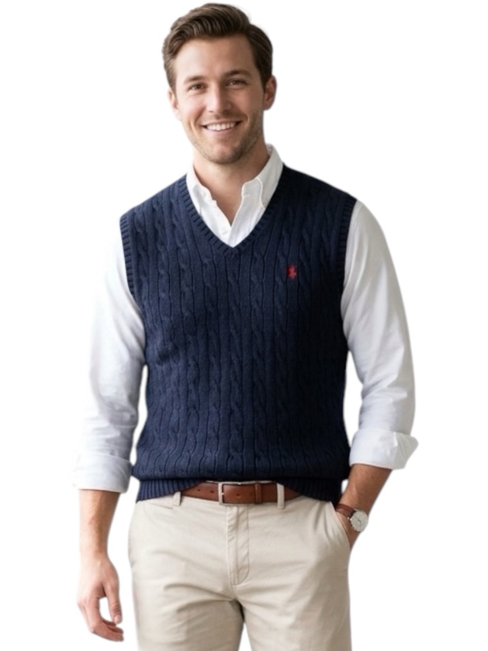VTG Polo Ralph Lauren Cable Knit Sweater Vest Navy Pima Cotton Men XL(Fits M)90s